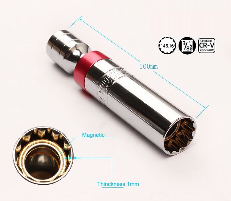 Long handle Universal Spark Plug Socket Wrench W/Magnetic Swivel 12-Angle